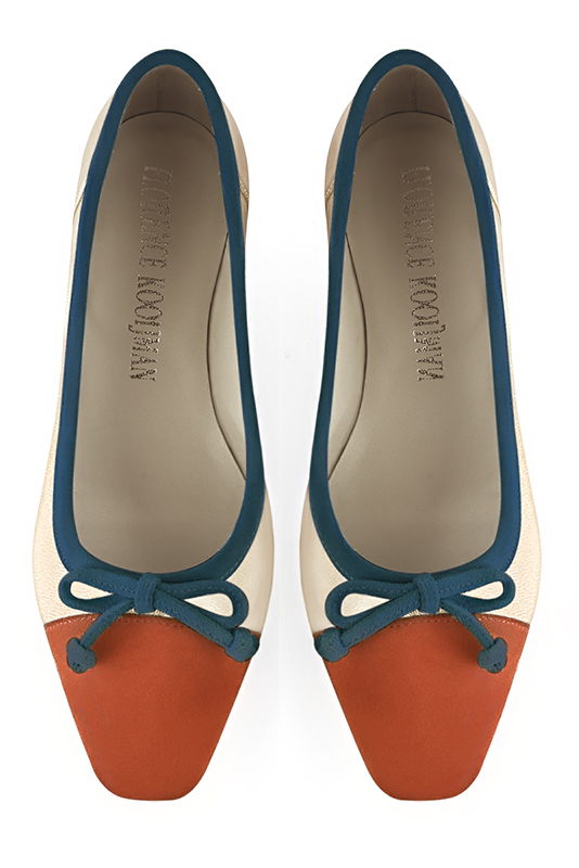Terracotta orange, gold and peacock blue women's ballet pumps, with low heels. Square toe. Flat flare heels. Top view - Florence KOOIJMAN